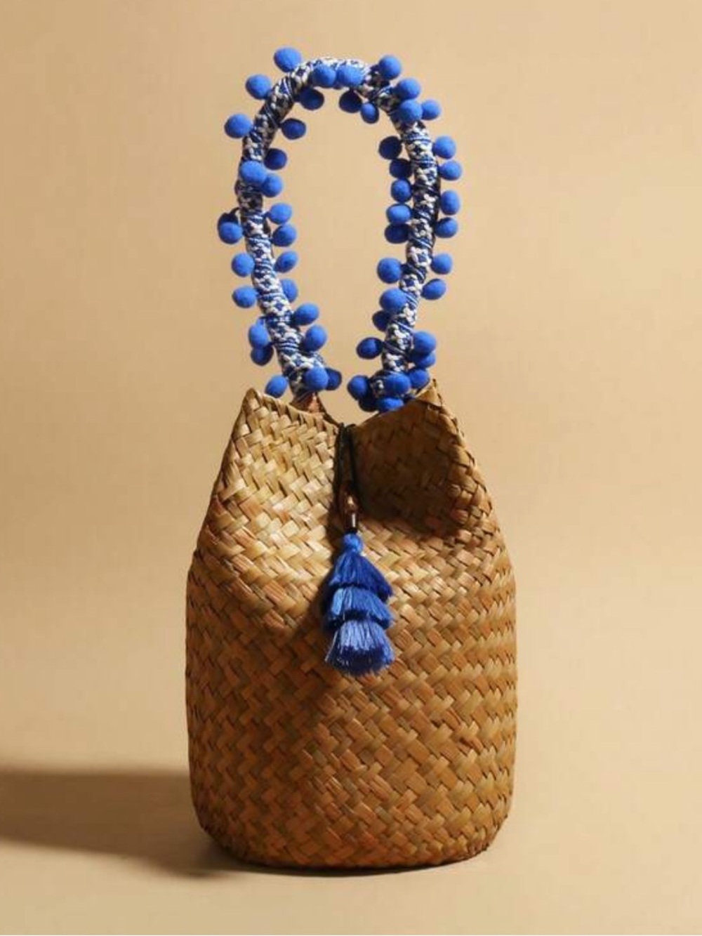 Blue-Accent Woven Straw Bucket Bag